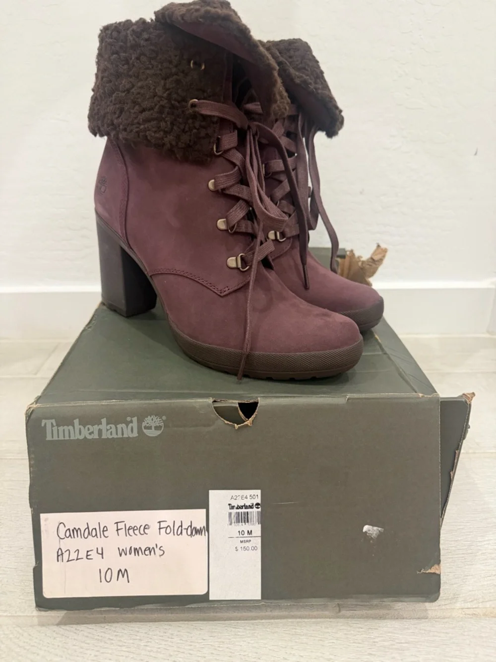 Timberland Women’s Lace-Up Fold-Down Fleece Boots — Plum Brown - Picture 2 of 4